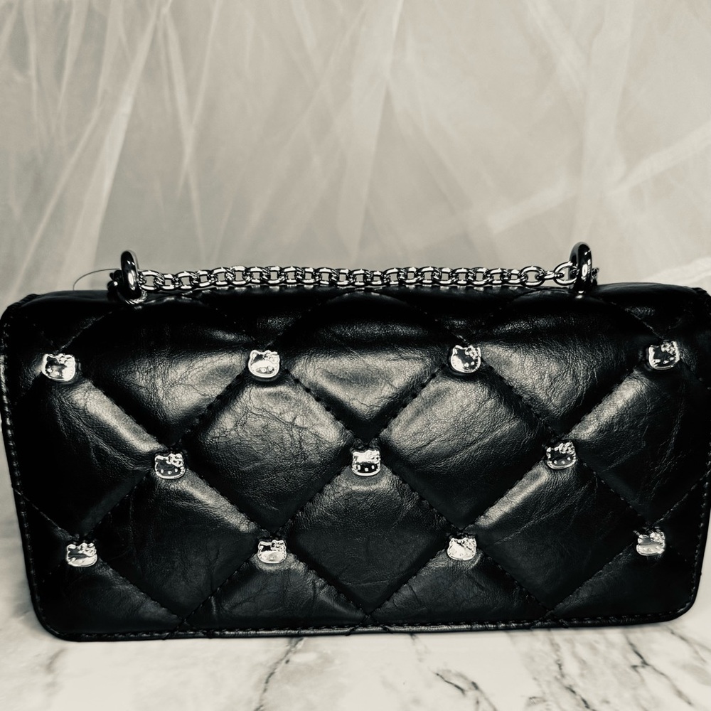 Hello Kitty Designer Black and Silver Crossbody Bag with Quilted Pattern